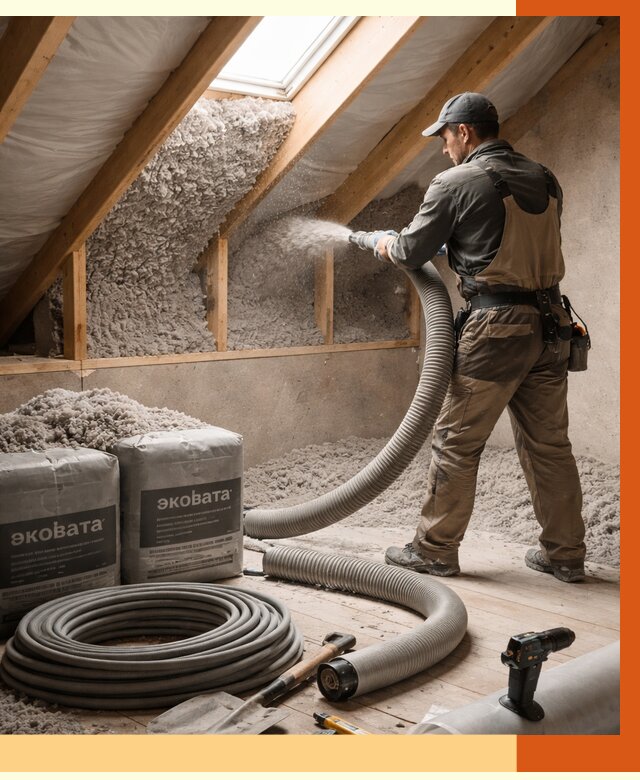 Утепление мансарды эковатой в Дагестанских Огнях от 2271 руб/м2 — монтаж, задувка, цена | ТепломастерДгс