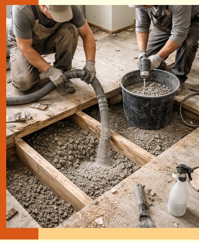 Заполнение пустот пола в Дагестанских Огнях полиуретаном и пенополистиролом