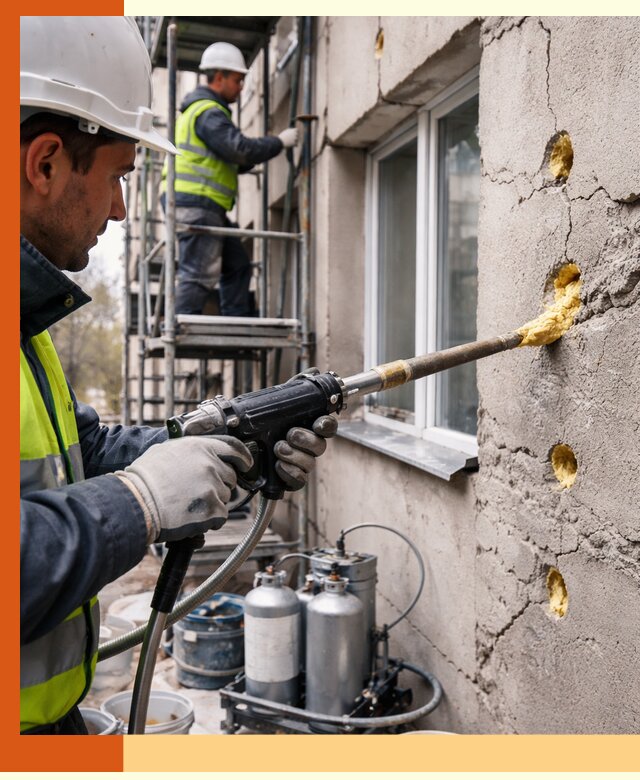 Заполнение пустот в фасаде и утепление стен в Дагестанских Огнях